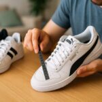 日本人男性が白いプーマスニーカーを手に取り、つま先部分を定規で測りながら、隣にナイキとアディダスの靴を置いてサイズ感を比較している様子