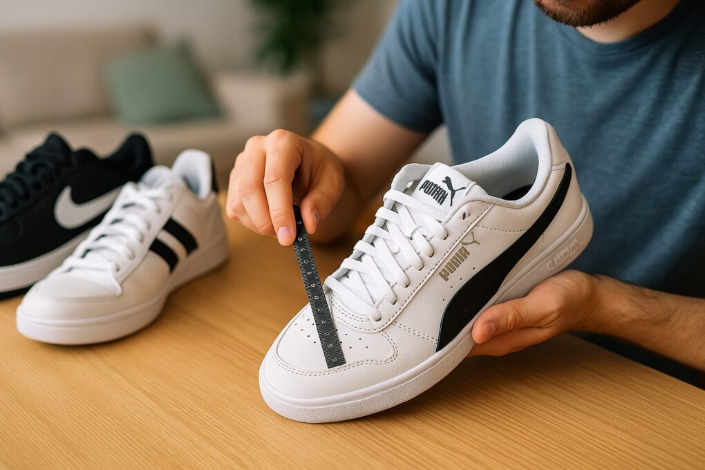 日本人男性が白いプーマスニーカーを手に取り、つま先部分を定規で測りながら、隣にナイキとアディダスの靴を置いてサイズ感を比較している様子