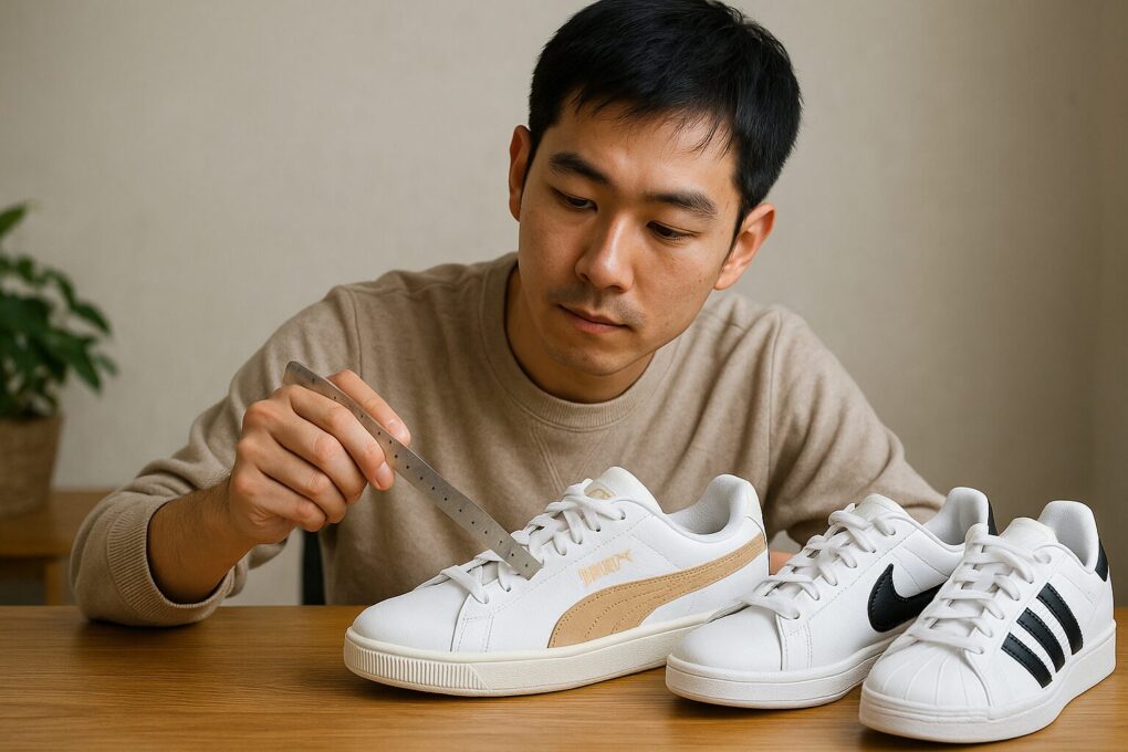 日本人男性が白いプーマスニーカーを定規で丁寧に測り、隣に並べたナイキとアディダスの靴と比較しながらサイズ感を確認している様子