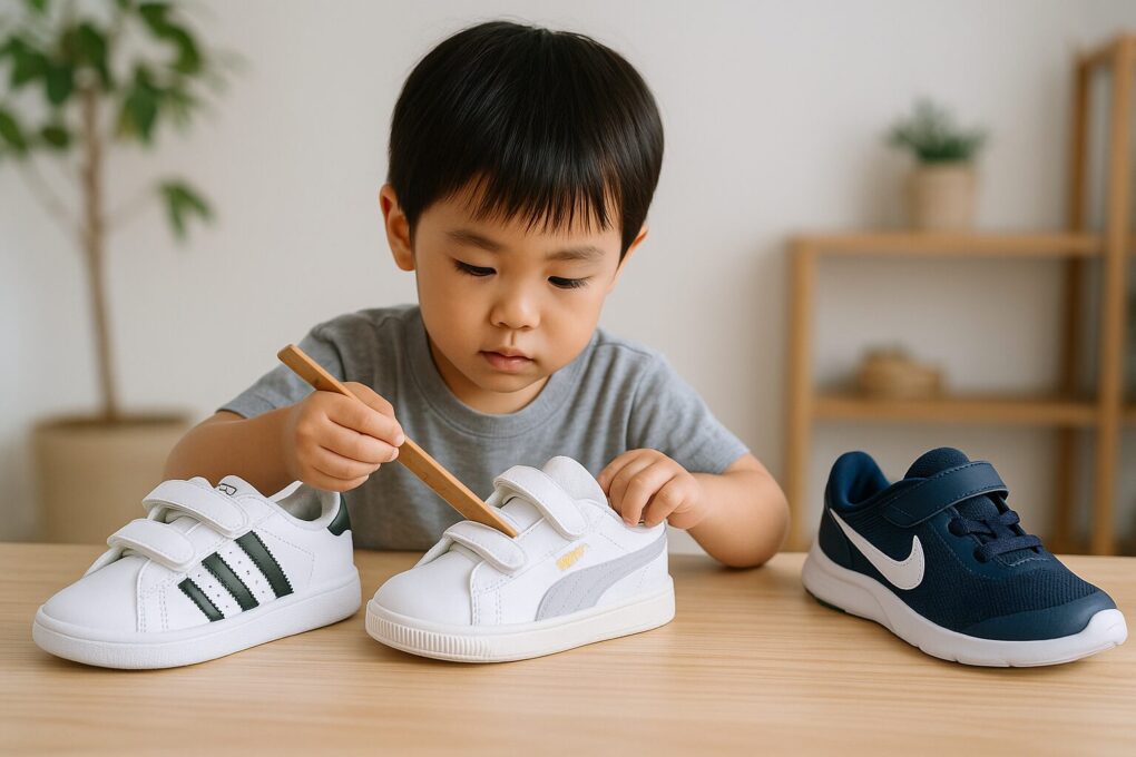 日本人の幼い男の子が白いプーマのキッズスニーカーを木の定規で測りながら、左右に置かれたアディダスとナイキの子ども靴と比較している様子