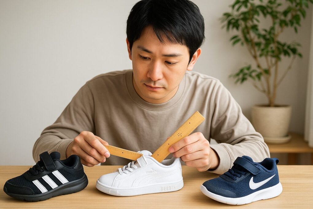 日本人男性が白いプーマスニーカーを木の定規で測り、両側に置いたアディダスとナイキの靴とサイズ感を比較している様子