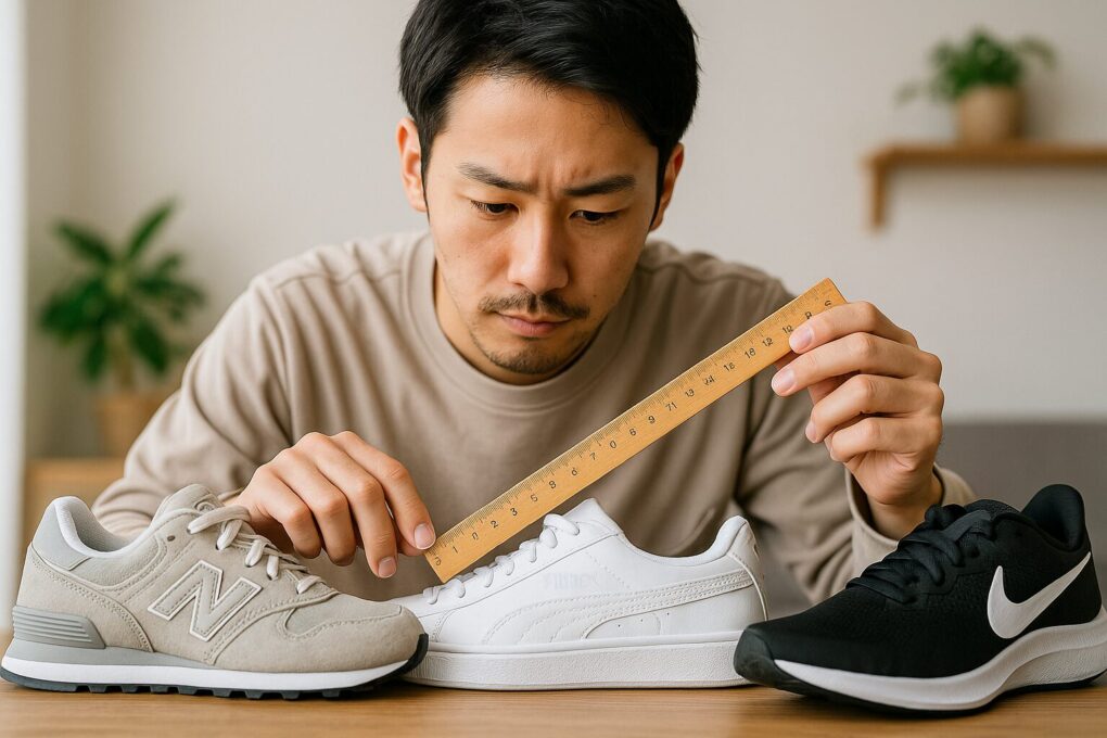 日本人男性が白いプーマスニーカーを定規で測り、左右に置いたニューバランスとナイキの靴と細かなサイズ感の違いを比較している様子