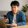 自宅の明るい部屋で、日本人男性がノートパソコンとスマートフォンを使って抽選情報を確認している様子を写した写真