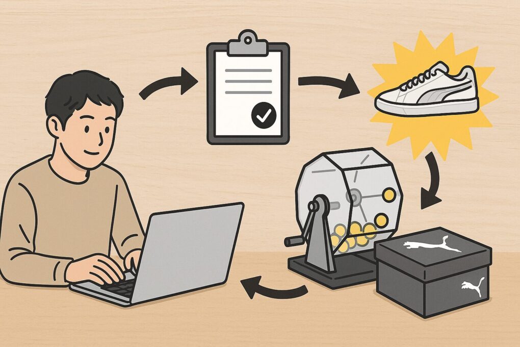 日本人男性がパソコンで抽選に応募し、抽選機を経てプーマのスニーカーを受け取る流れを描いた明るいイラスト