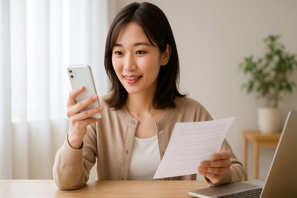 抽選結果のメールをスマートフォンで確認しながら、用紙とノートパソコンを前に喜んでいる日本人女性の様子