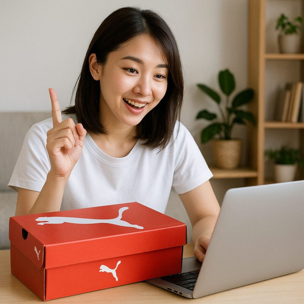 赤いプーマの靴箱を机の上に置き、ノートパソコンを見ながら笑顔で指を立てている日本人女性が、明るく整った室内で抽選攻略をイメージさせるようにひらめいた様子を示している。