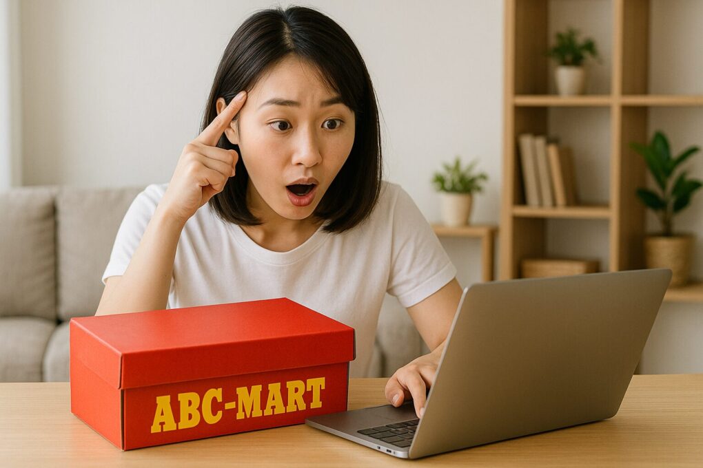 赤いABCマートの靴箱を机の上に置き、ノートパソコンの画面を見て驚いた表情をしている日本人女性が、明るく整った室内で抽選結果を確認している様子を描いた画像。