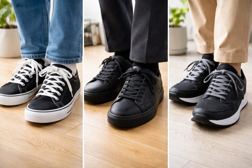 黒スニーカーの紐の色で印象激変!白黒グレー比較と仕事対応
